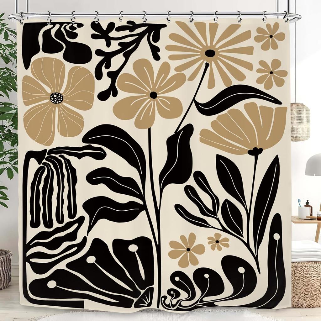 Black and Beige Abstract Flower Pattern Waterproof Shower Curtain 180x200cm  Modern Art Print Bath Curtain for Living Room Decor