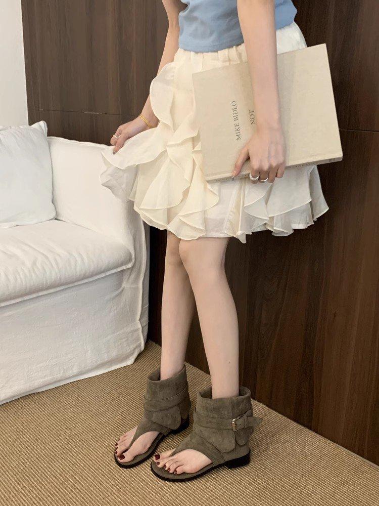 Soft leather version of French herringbone toe sandals women's 2025 summer new flat-bottomed cool boots loose sleeve warehouse tube short boots