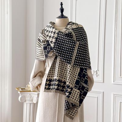 Eleganter Hahnentrittmuster-Schal Weich Warm Fransen Pashmina Jacquard Schal Herbst und Winter Kältefest Winddicht Decke