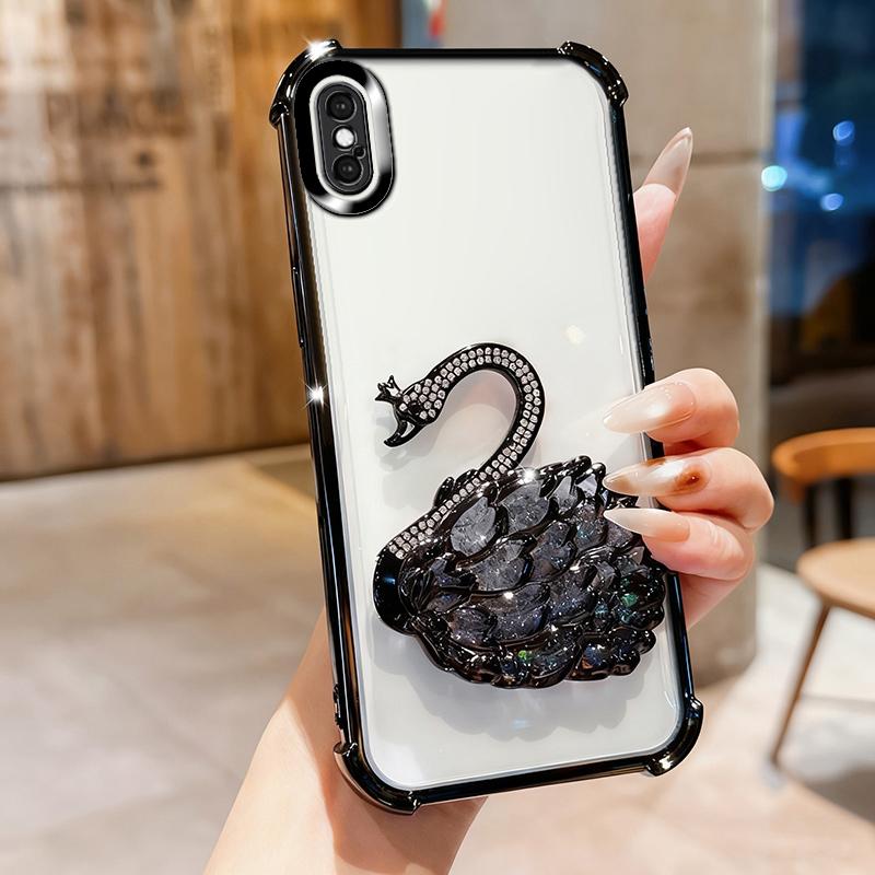 KEYSION Shockproof Plating Phone Case for iPhone XS Max Clear TPU Glitter Jewelled Swan Kickstand Back Cover for iPhone X XR