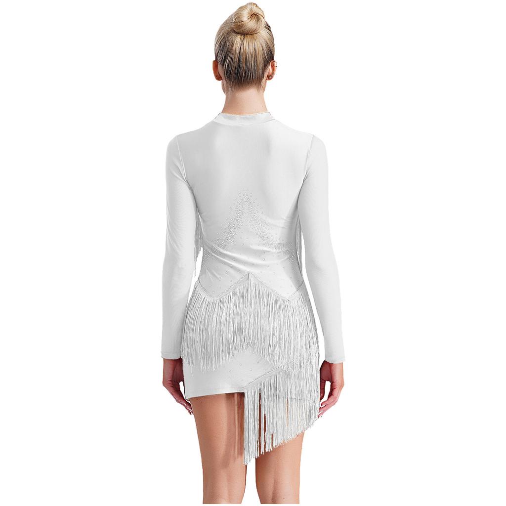 Vestido de dança latina feminino, decote em V, manga comprida, franjas brilhantes de strass, fantasia para apresentações de tango, rumba, cha cha