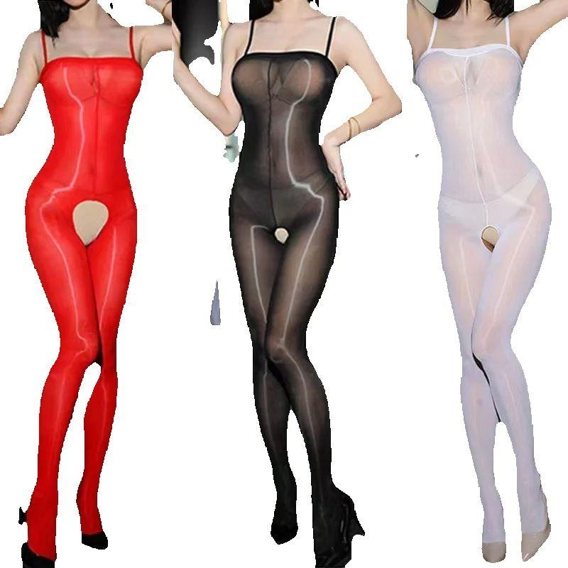 Women Sexy Sheer Oil Glossy Bodysuit Suspender Jumpsuit Open Crotch Pantyhose Erotic Lingerie Transparent Elastic Body Stockings