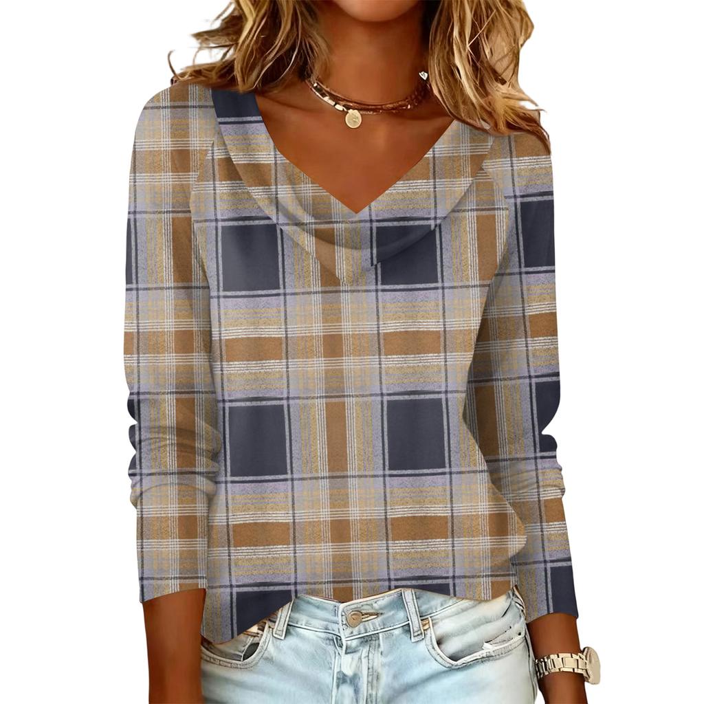 Ladies' Plaid Printed Casual and Fashionable Long Sleeved Pullover Top
