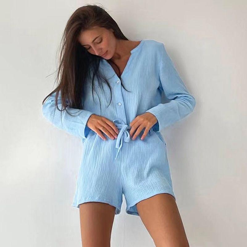 Western Style New Summer Long sleeve Shirt Shorts Loose Set Home Wear Shirt and Shorts Set