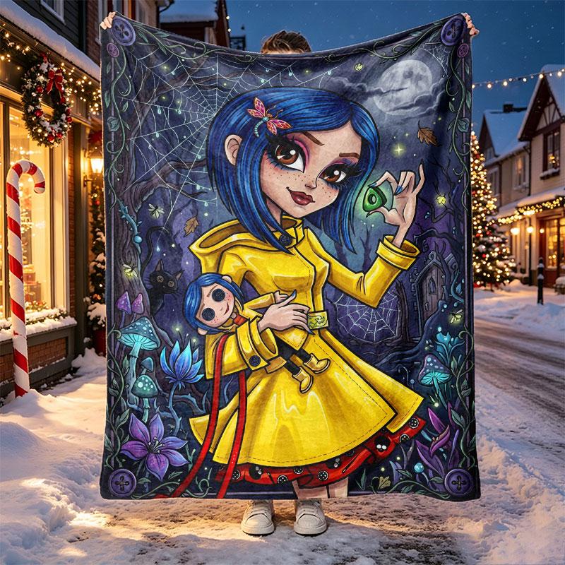 Coraline Pattern Blanket for Home Decoration, Bed, Sofa, Car Travel, Camping, Suitable for All Seasons, Birthday Christmas Gift