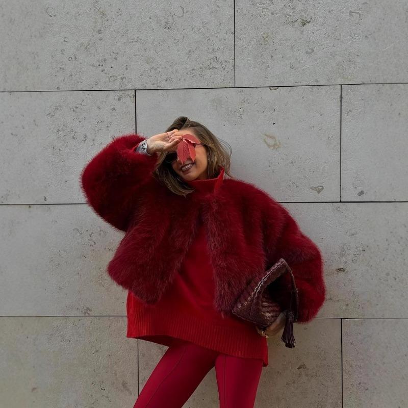 

Осенне-зимнее короткое пальто с высокой талией, женский универсальный топ с круглым вырезом XL красный