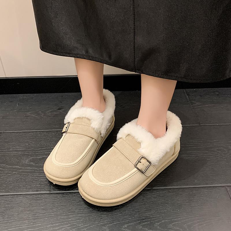 Large Size Cotton Shoes Winter New Round Toe Deep Mouth Suede Metal Buckle Soft Sole Anti-slip Wear-resistant Flats