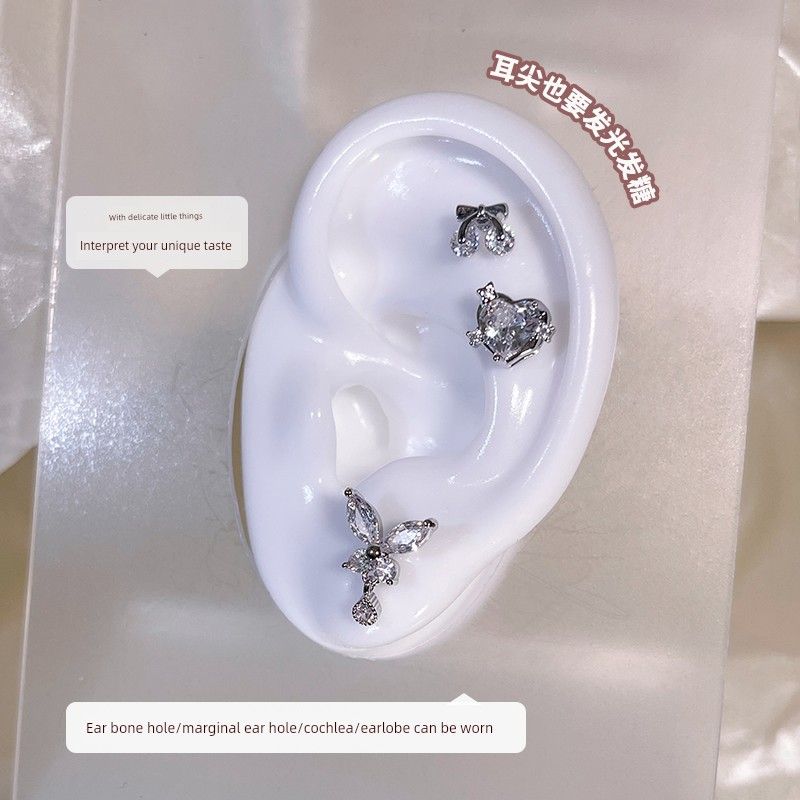 Ear-Caring Ear Bone Stud Flash Zircon Delicate Earrings Female Fancy Titanium Steel Sleep No Need to Take off Earrings Delicate Earrings