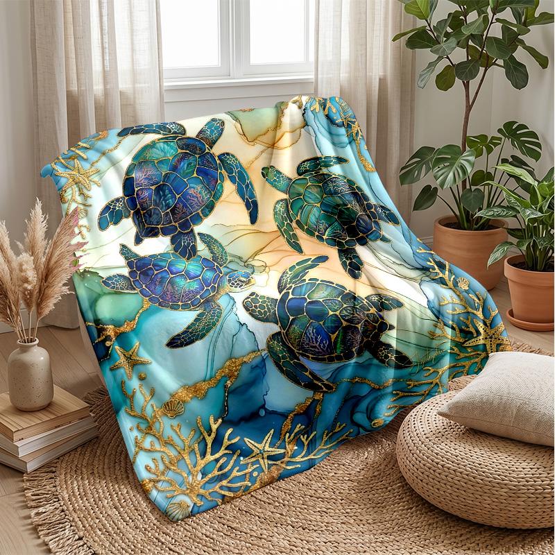 Oceanic Sea Turtle Adventure Theme Blanket Lightweight Warm Flannel Blanket Decorative Throw Blanket for Home Decoration