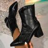 Fashion Sexy Black Pointed Toe Snake Print Ankle Boots Women Fashion Sequins Buckle Thick-sole Modern Boot Cozy Large Size Designer Boot