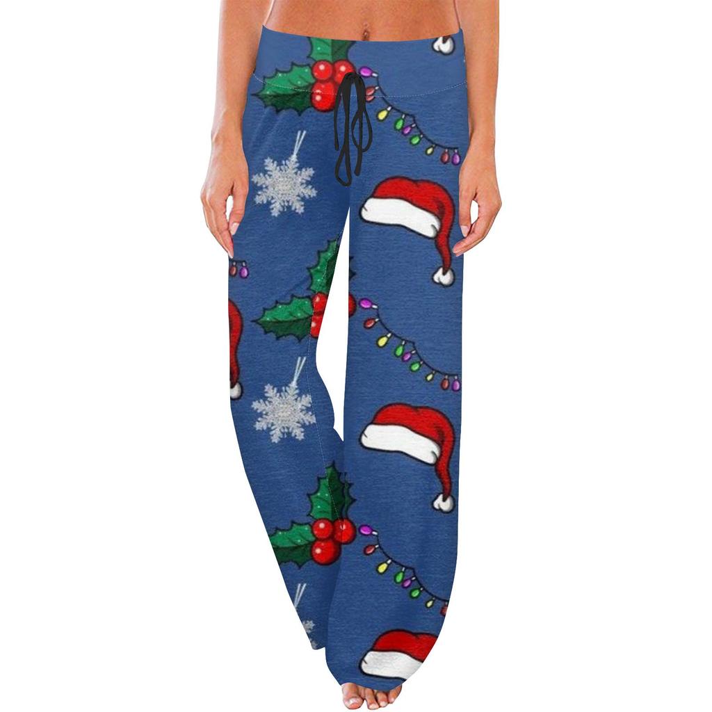 Women's Casual Fashion Comfort Pajama Pants Christmas Print Drawstring Wide Leg Pants
