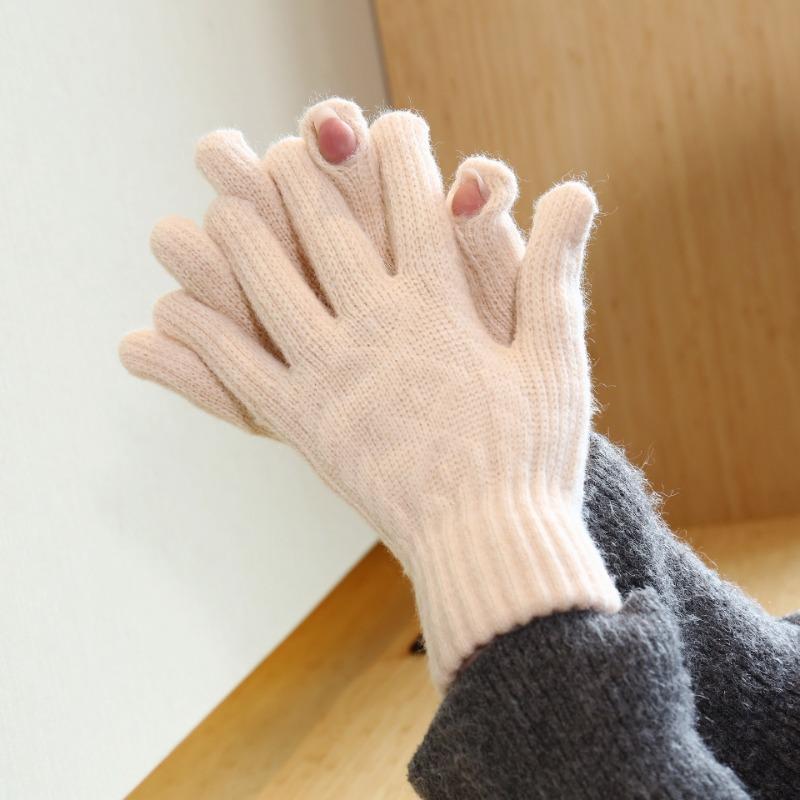 Warm and Cold-proof Knitted Wool Gloves, Solid Color Finger-leaking Wool Gloves, Thickened and Piled Cycling Gloves