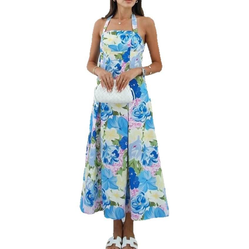 European and American Autumn New Products Sweet and Spicy Style Holiday Slim Digital Printing Suspender Lace Pendulum High-end Dress
