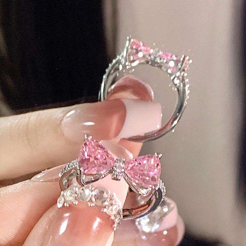Y2K Rosa Kristall Schleife Zirkon Ringe für Damen Mode Süß Liebenswertes Mädchen Offen Verstellbarer Ring Kpop Party Schmuck Geschenk 2023