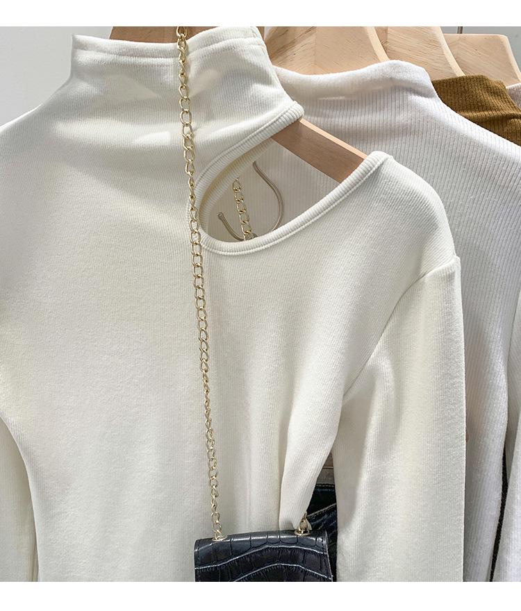 Koreanisches Schlank geschnittenes High-Neck-T-Shirt mit Aussparungen, weiß, langärmlig - Herbst/Winter 2025