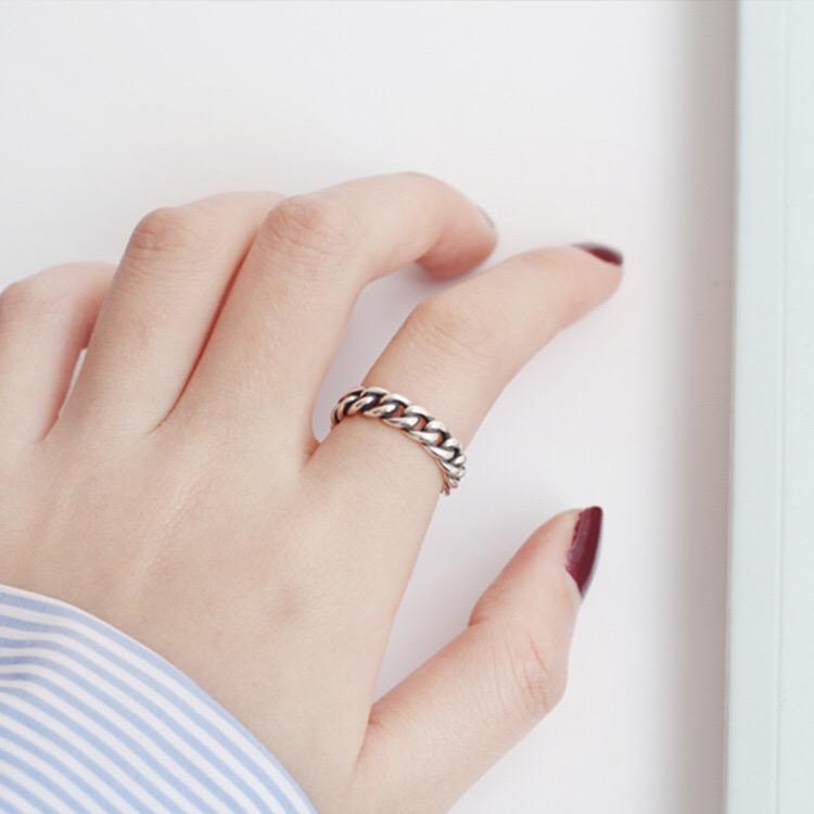 BFCLUB Silver Color Wide Chain Rings Silver Vintage Wild Square Strip Chain Open Rings for Women Fine Jewelry Gift