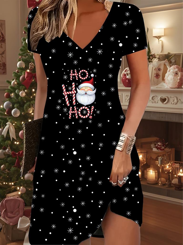 Fashion Women's V Neck Short Sleeve  Christmas Snowman Printed  Dress Sex Short Skirt Dresses