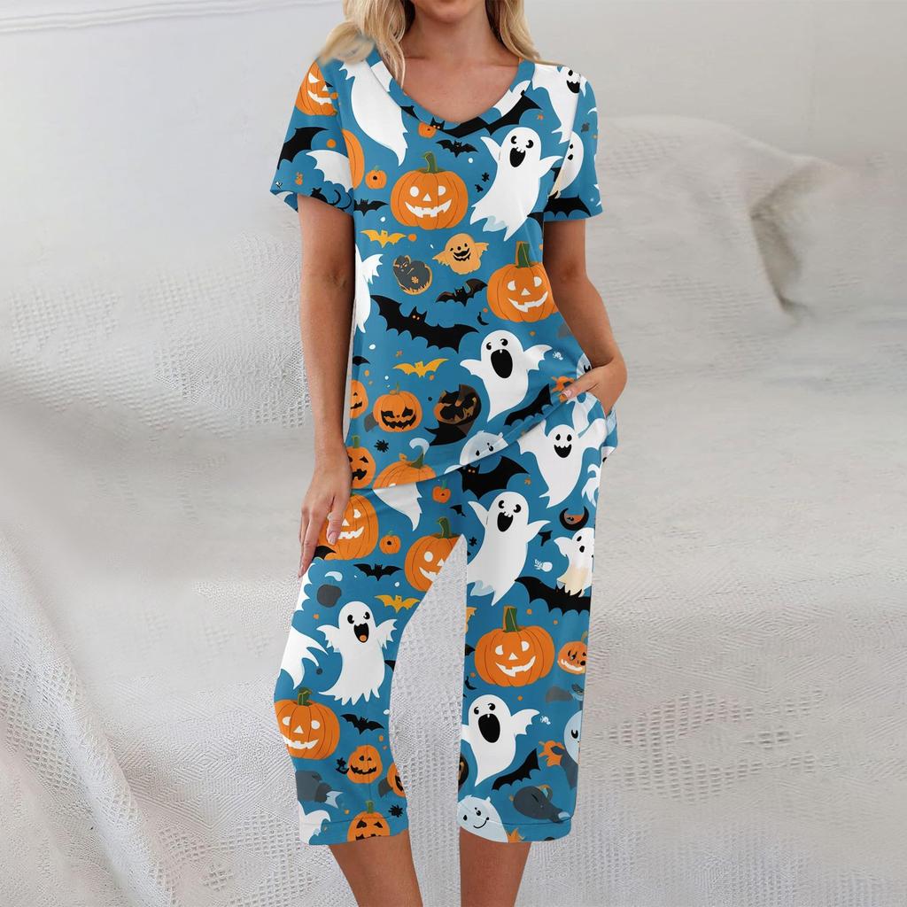 Dvoudílné soupravy pro ženy Krátký rukáv Top a Kalhoty s kapsami Cvičení Měkké Halloweenský potisk Soupravy