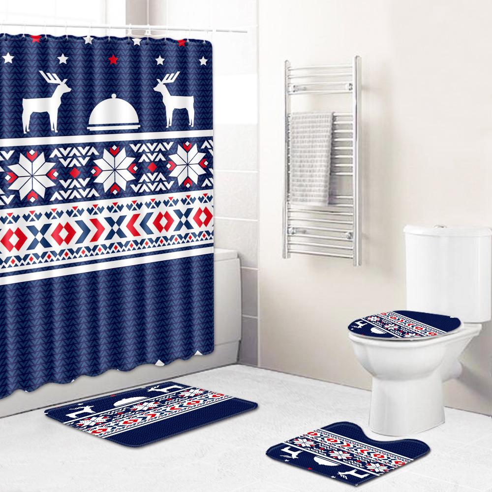 Hot Christmas Bathroom Shower Curtain Four-Piece Combination Floor Mat Bathroom Water-Absorbing Non-Slip Door Mat Carpet