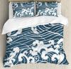 Japanese Wave Duvet Cover Set Sea Storm In Japan Traditional Drawing Foamy WavesBedding Set Full SizeEarth Yellow Dark Blue