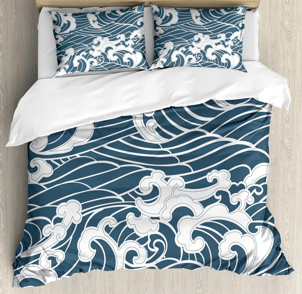 Japanese Wave Duvet Cover Set Sea Storm In Japan Traditional Drawing Foamy WavesBedding Set Full SizeEarth Yellow Dark Blue