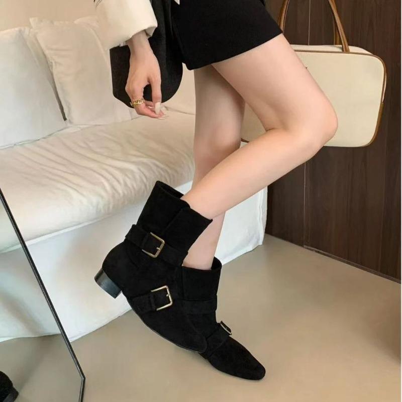 Fashion Autumn Inside Heightened Single Boots Women's Fashion Pointed Toe Suede Sleeve Metal Buckle Non-Slip Short Boots