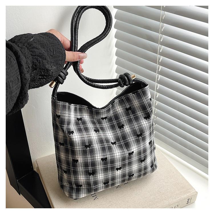 Trendy Canvas Bucket Handbag For Women With Bow And Polka Dot Design For Urban Style Bow