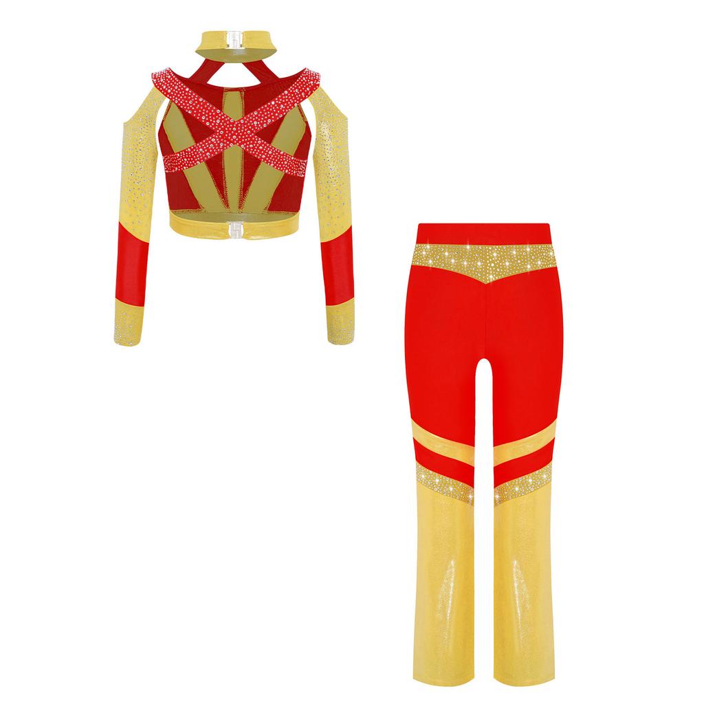 Girls Gymnastics Costume Long Sleeve Shiny Top Rhinestone Color Block Cross Back Flared Pants