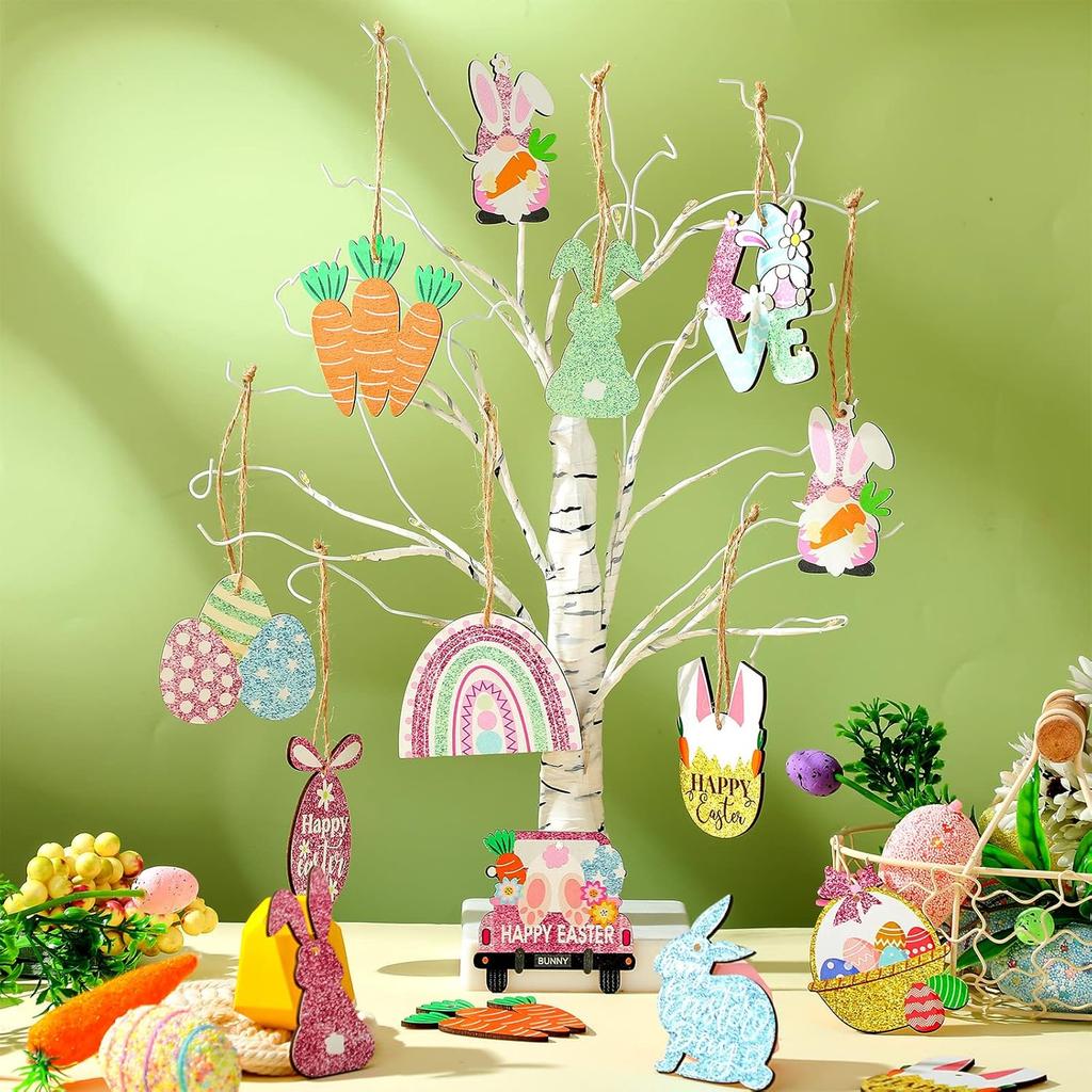 Kathfly 32 Pieces Easter Ornaments for Tree Pastel Spring Wooden Decorations Egg Gnome Bunny Carrot Basket Ornaments Hanging Spring Wood Cutouts