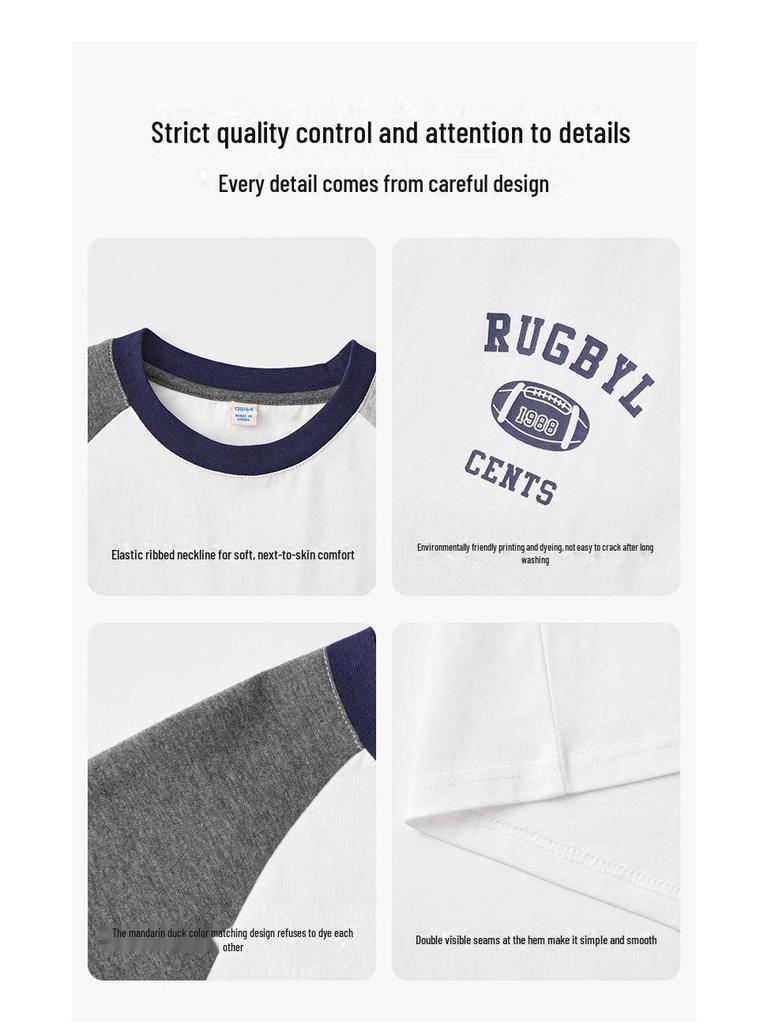 Boys' American-Style Long-Sleeve Cotton T-Shirts with Stripes, Contrast Sleeves - Ideal for Spring and Autumn.
