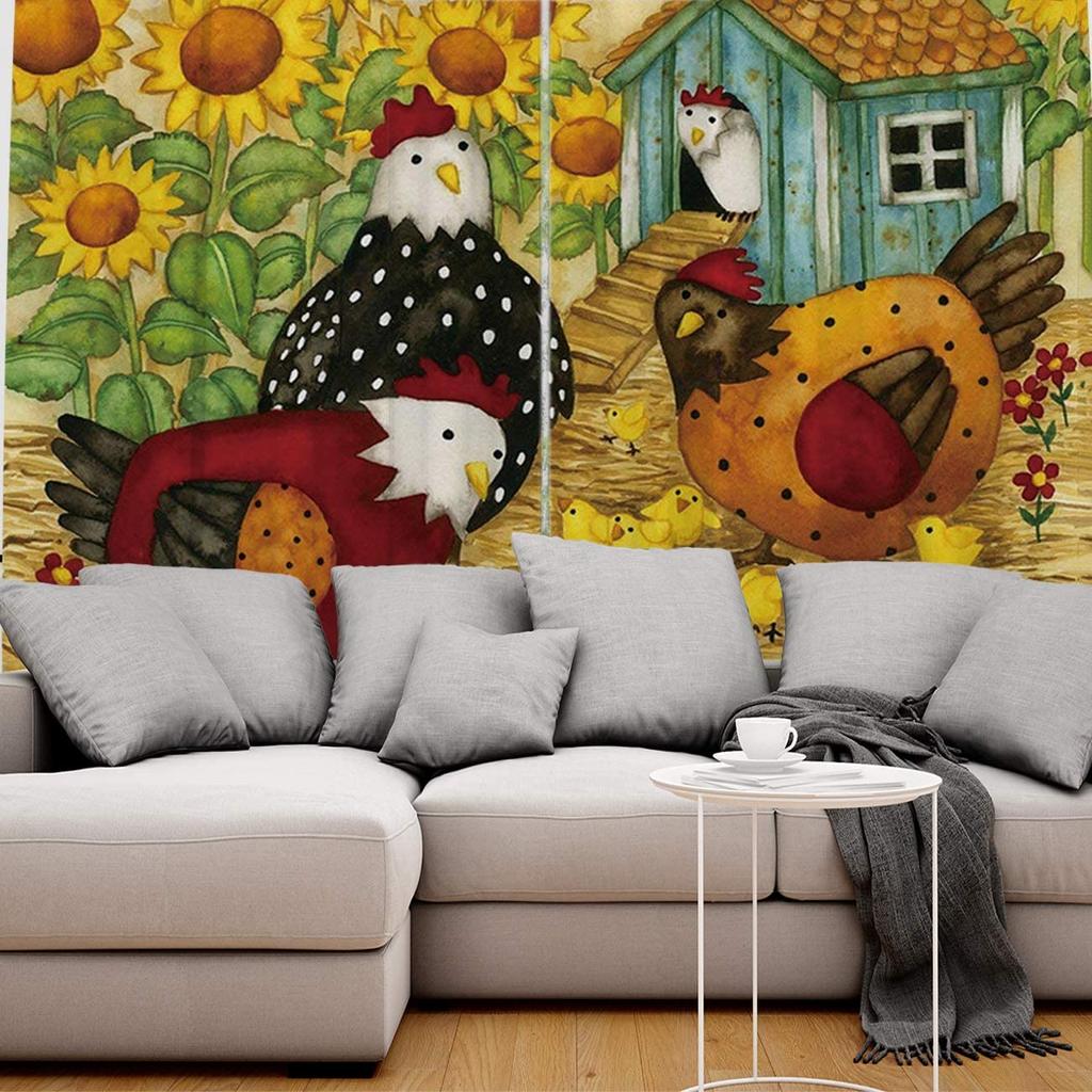 Farm Life Rooster Hen Sunflower Home Decor Window Curtains Bedroom Kitchen Curtain Panel Curtains for Living Room