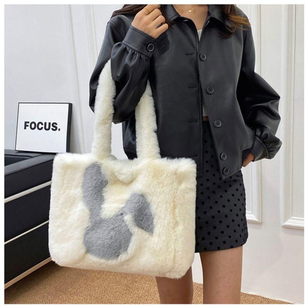 Casual Faux Fur Shoulder Bag Soft Large Capacity Shopper Handbag Rabbit Print Furry Fluffy Fluffy Handbag Women Use