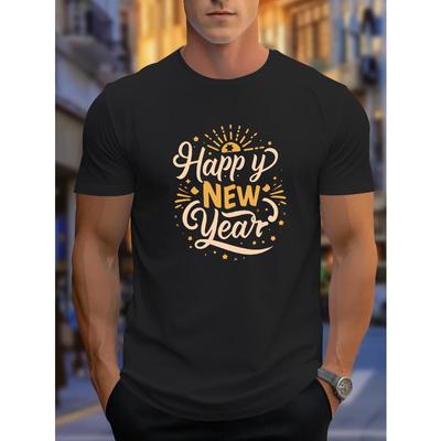 Europäische Größen 2026 Frohes Neues Jahr T-Shirt | Amerikanischer Europäischer Stil Druck Lässiges Sport Outdoor Herren Kurzarm T-Shirt, Leichter Stretch Stoff