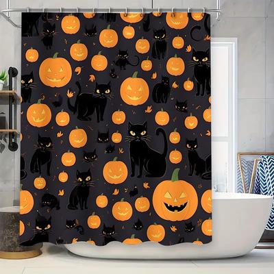 Halloween Decor Shower Curtain Set Black Cat Pumpkin Printed Waterproof Fabric Bathroom Accessories for Kids Bedroom Decoration