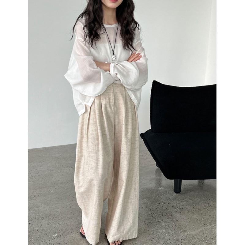 Johnature Simple Casual Straight-leg Pants Women Loose Comfortable Long Solid Color Full Length Wide-leg Pants For Summer