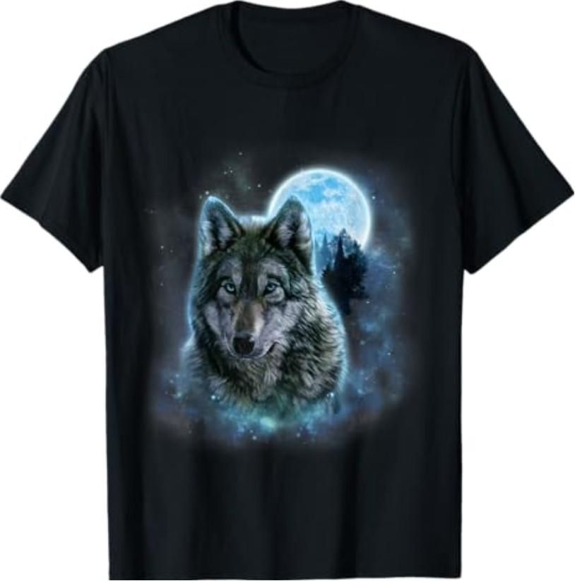 Grey Wolf Under Full Moon Forest Night Sky Wildlife Design TShirt