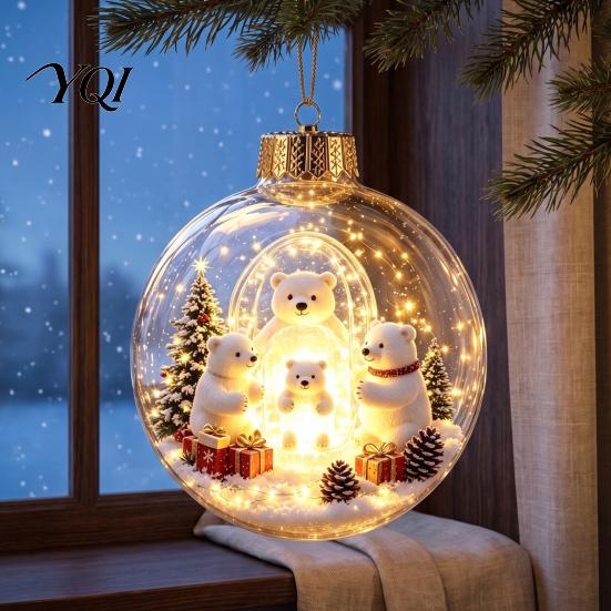 3D Winter Scene Decorations Lighted Christmas Ball Ornaments, Miniature Hanging with Warm LED Decorative Acrylic Holiday Spheres Light, Clear