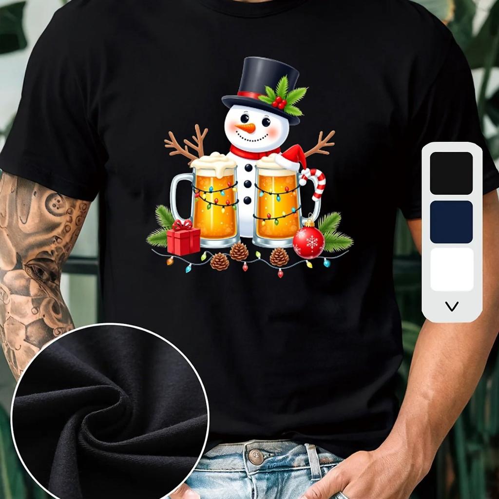 New Year Party Beer Print Mens TShirts Christmas Snowman Pattern Short Sleeve Tops Men Xmas Clothing Fashion Loose Tshirt