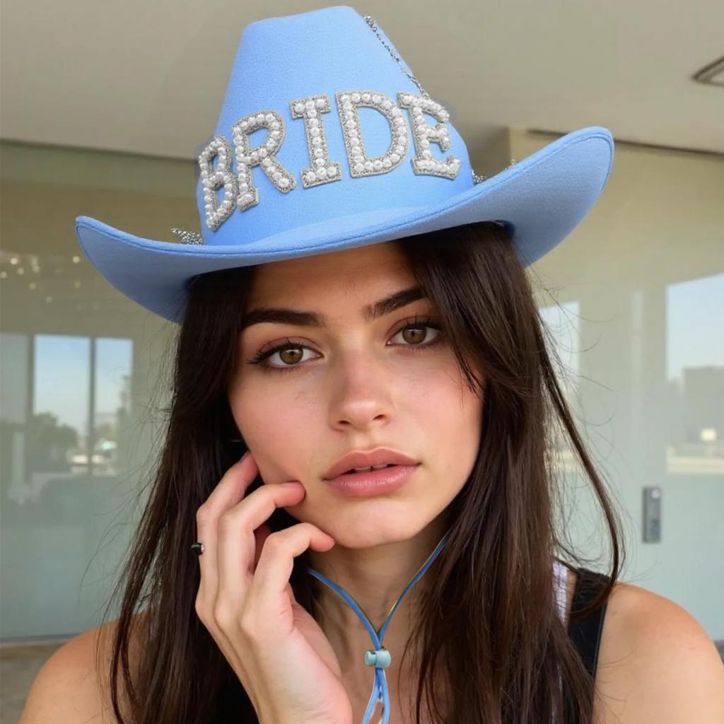 Jeweled Crystal Cowboy Hats Bride Blue Panama Hat for Bachelorette Party Cowboy Hats for Club Stage Shows
