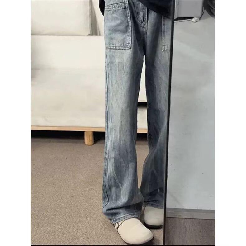 Lightning bamboo pattern jeans men's summer new straight loose American retro high street vibe micro-pull trousers