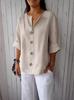 Women's 2025 European-American V-Neck Cotton Linen Button T-Shirt