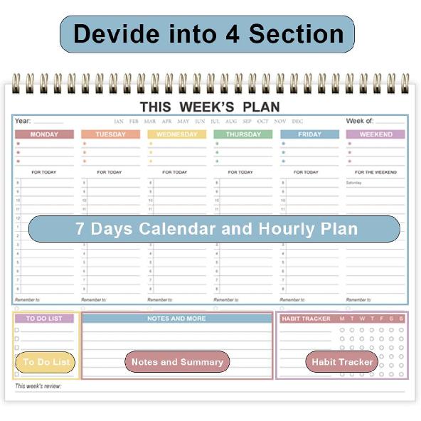 Undated Weekly Planner - 8.5" x 11" Undated Daily Productive Weekly To Do List Notepad for Home, Work, School, Projects, 52 Weeks, Clean Colorful