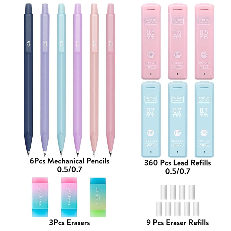 deli Set of 6 colored mechanical pencils 3 pastel mechanical pencils 0.5mm 0.7mm Comes with 6 HB resin cores 3 erasers 9 cap erasers Cute mechanical