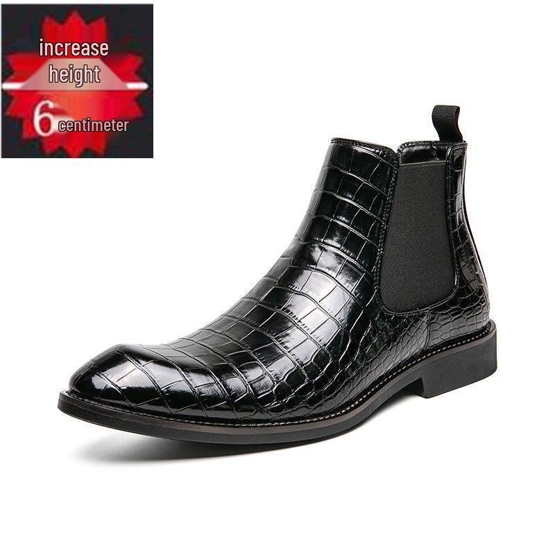 Men's Pointed Toe Chelsea Boots – Vintage Crocodile Pattern, Genuine Leather Slip-On Ankle Boots, Mid-Top British Style.