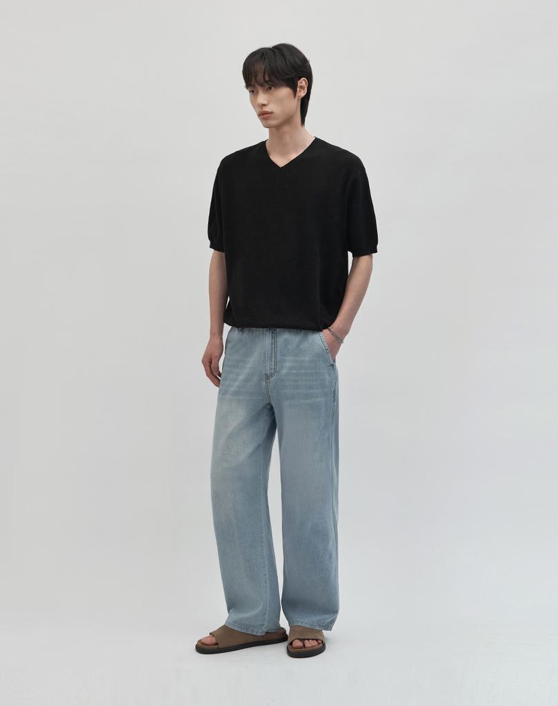 WORK ON BODY OFF Cool Bamboo Semi-Overfit V-Neck Short Sleeve Knit [Black]