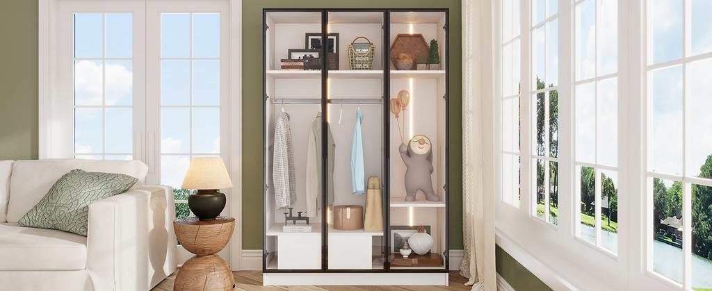 Spacious White Wardrobe with 3 Glass Doors, 1 Drawer and 1 Clothes Rail - 110*50*160 Cm - with LED Light