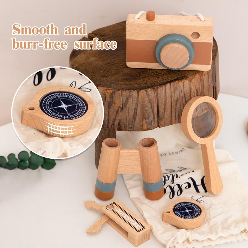 5Pcset Wooden Children Magnificat Set Toy Wooden Pretend Binocular Camera Pendant Montessori Outdoor Activity Toy Diy Present