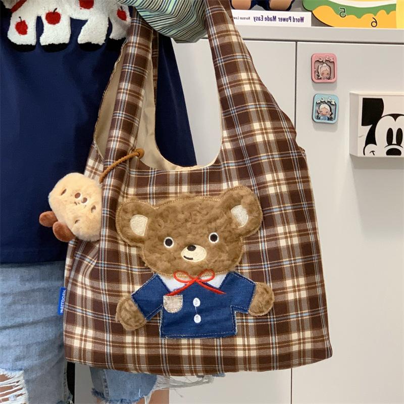 Cute cartoon embroidered tote bag large capacity Korean version plaid student shoulder bag casual going out portable shopping bag