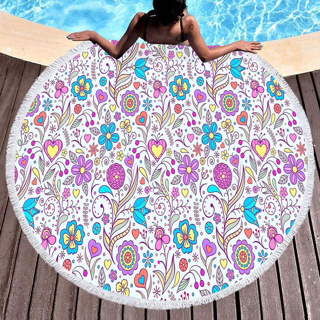 Botanical Floral Round Beach Towel Boho Flower Farmhouse Beach Blanket Pool Towels For Picnic Soft Sand Free Absorbent Yoga Mat