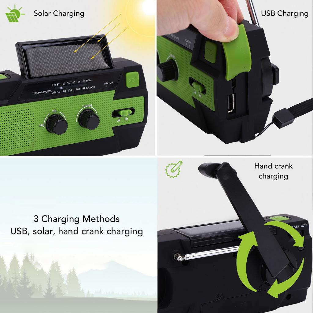 FM AM Emergency Radio 4000mah Hand Crank Solar Portable Radio with LED Flashlight Motion Sensor Reading Lamp Power Bank for Outdoor